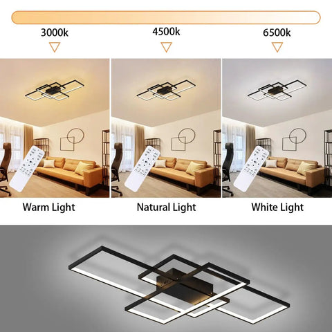 Dimmable LED Ceiling Light With Remote Control, Black Flush Mount Square Acrylic Fixture, 50W, color temperature 3000K to 6500K
