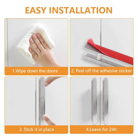 Stick On Adhesive Handles 2 Pack 200mm Stainless Steel Push Pull Cabinet Doors Wardrobe Barn Door Multipurpose Peel And Stick Easy Install For Kitchen Closet And Furniture Silver shown on cabinet doors