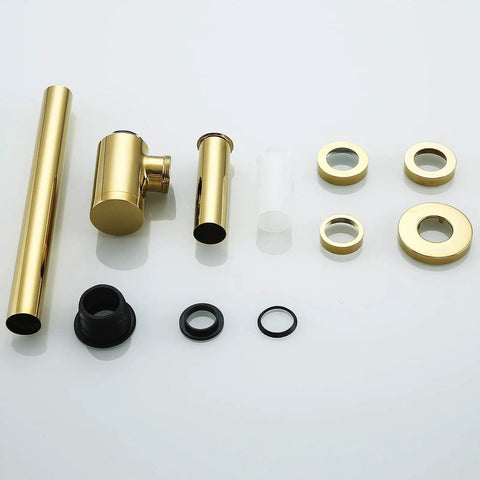 Deep Gold Polished Brass Contemporary Round Bottle P Trap Kit For 1 And A Quarter Inch Sink Drain Titanium Gold Finish Rust Resistant Easy Install Modern Basin Waste Drain components displayed.