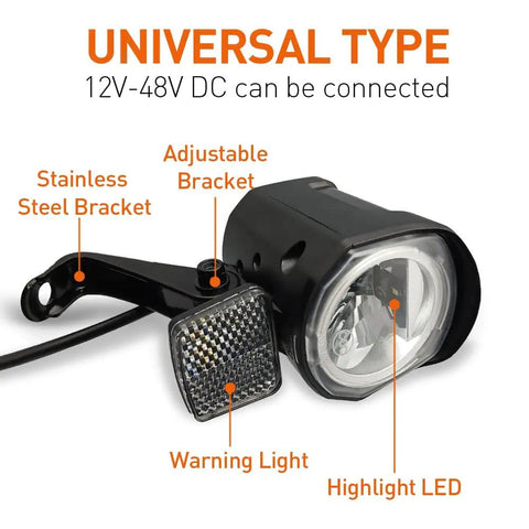 High Brightness LED Front Headlight For Night Riding On 12V To 60V E Bikes And Electric Scooters 2 Pin Connector 470Mm Wire Waterproof QD252 Plug Built For Safe Night Rides On City Streets And Rugged Trails