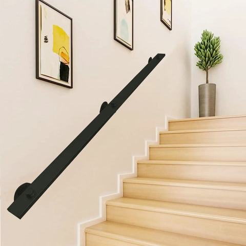 Rock Solid Black Metal Wrought Iron Stair Railing With Modern Wall Mount Handrail For Indoor And Outdoor Use Hella Tough Banister offering safety on wooden stairs.