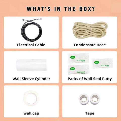 Components of Pro Grade 25 Ft Insulated Line Set Kit For Mini Split AC DIY including cable, hose, wall sleeve, putty, cap, and tape.