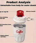 Smart Temp Insulated Coffee Tumbler Leak Proof Travel Mug With Handle Stainless Steel showing detachable lid and silicone handle for easy cleaning.