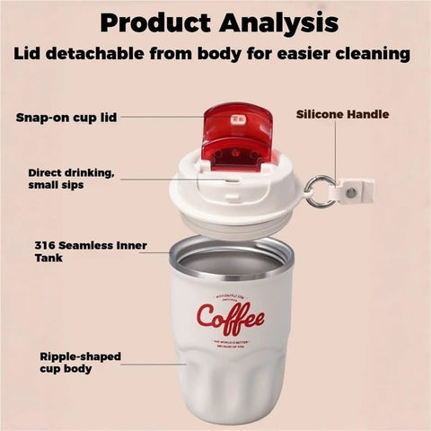 Smart Temp Insulated Coffee Tumbler Leak Proof Travel Mug With Handle Stainless Steel showing detachable lid and silicone handle for easy cleaning.