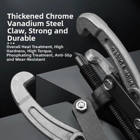 Bad Ass 28 Ton Bearing Puller Set Featuring 3 To 28 Inch Adjustable Jaw Tool For Serious Gear Removal And Pulley Work Made Of Heavy Steel With Max Traction To Rip Out Stubborn Bearings Without Damaging Neighbors During Tough Disassembly Jobs. Chrome vanadium steel bearing puller jaws close-up