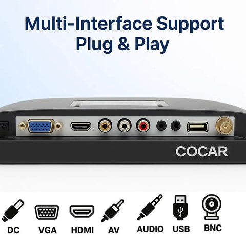 Back panel with various input ports on 15 Inch CCTV Monitor With BNC VGA HDMI AV Inputs, 4:3 1024x768 HD Display, USB Drive Player