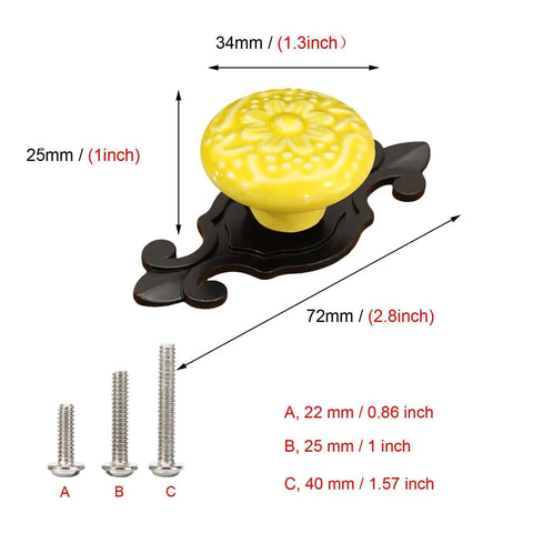 Slick Ceramic Cabinet Knobs And Drawer Pulls With Matte Black Alloy Backplate 10 Pack single yellow knob with floral design and black base.