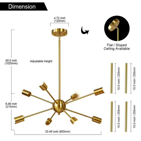 8 Light Sputnik Chandelier In Brushed Brass Pendant Lighting For Mid Century Modern Gold Starburst Ceiling Fixture dimensions chart