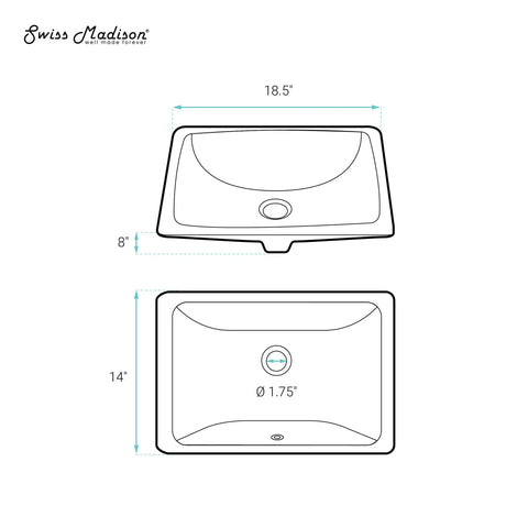 Dimensions diagram of 18.5 Inch Rectangular Undermount Bathroom Sink With Seamless Ceramic Build Scratch Resistant Non Porous Finish