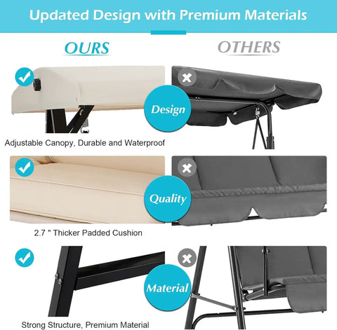 Comparison of Two Seat Outdoor Patio Swing Chair With Adjustable Canopy Removable Cushions Sturdy 600 Lb Frame in beige vs gray