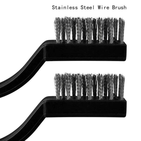 Close-up of 15 Pcs Mini Stainless Steel Wire Brush Set for Cleaning Welding Slag Rust, featuring wire bristle scratch brushes with curved handles.