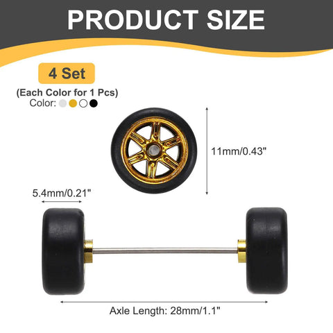 Four Pack 1 64 Scale Wheel And Tire Set For RC Diecast Cars With Real Riders Rims Six Spoke Gold Silver Black White Upgrade Your RC Ride Includes Axles Today, product size details.