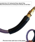 100 Ft 1/4 Inch Purple Air Compressor Hose Crafted From Flex Reinforced Polyurethane with Brass Quick Plug and Bend Restrictor.