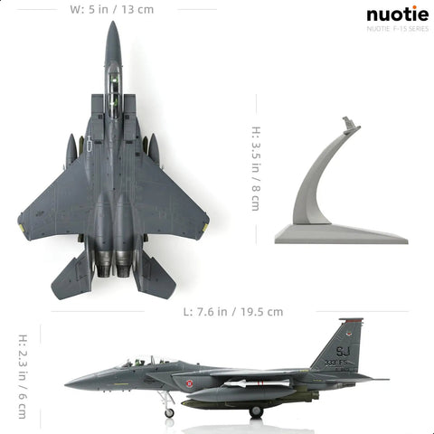 Top and side view of Dope 1 to 100 Scale F-15E Eagle Twin Engine Fighter Pre Build Model Kit with stand, alloy diecast aircraft.