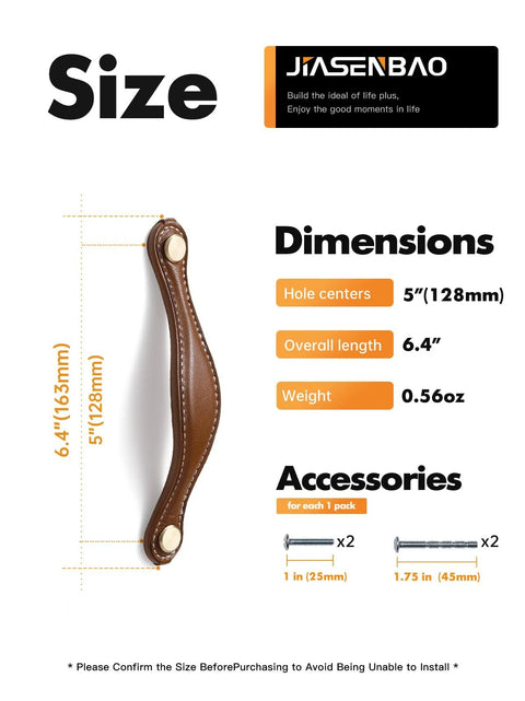 Leather Drawer Pulls 5 Pack, 5 Inch 128mm Leather Handles for Cabinets with size dimensions and screws included.