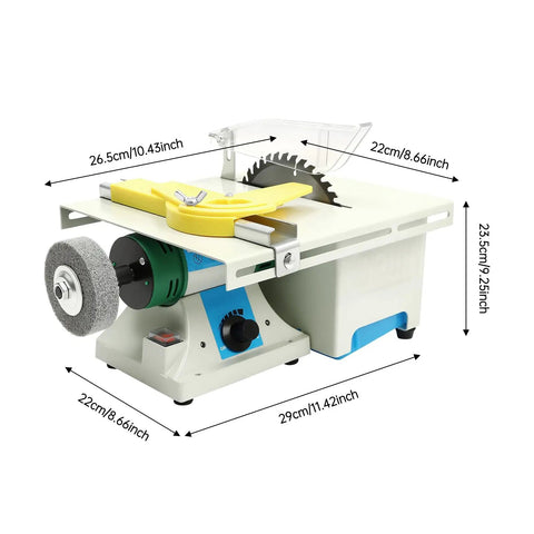 750W Mini Table Saw And Jewelry Polishing Grinder Five In One Tool with dimensions and visible grinder wheel