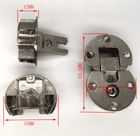 Two Piece 90 Degree Adjustable Concealed Cabinet Door Hinge Set For Table Drop Down And Flush Mount Zinc Alloy Construction Durable Kitchen Or Furniture Hardware with dimensions.