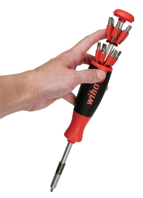 26InOne Ultra Driver Set 14 Piece Kit With Magnetic Bits And Precision Screwdrivers For Home Auto And Workshop Use Built Tough Versatile Hand Tool Collection held in hand showing bits.