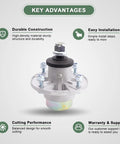 Front view of spindle assembly swap out for 42 inch 48 inch and 54 inch decks fits ZTrak and S Series lawn tractors with features.