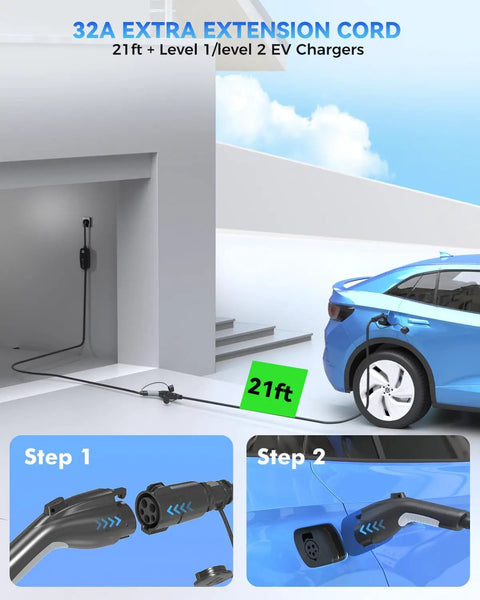 Heavy Duty 21Feet J1772 EV Charger Extension Cord 32 Amp SAE J1772 Extension Cable in use with blue electric vehicle
