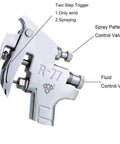 Close-up of R77P Pro Grade Heavy Duty Pressure Feed Paint Sprayer showing two-step trigger, spray pattern, and fluid control valves.