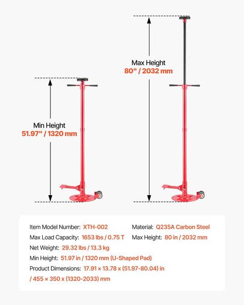 Heavy Duty Underhoist Stand For Vehicle Lifts, 1,653 Lb Capacity, Two Wheels, Adjustable Height From 51.97 To 80 Inches