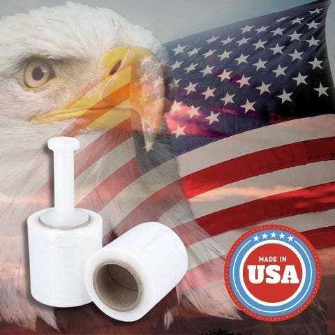 Top Shelf Pre Stretched Clear Plastic Wrap Roll 5 Inch By 1000 Feet Industrial Strength Shrink Film on American flag backdrop.