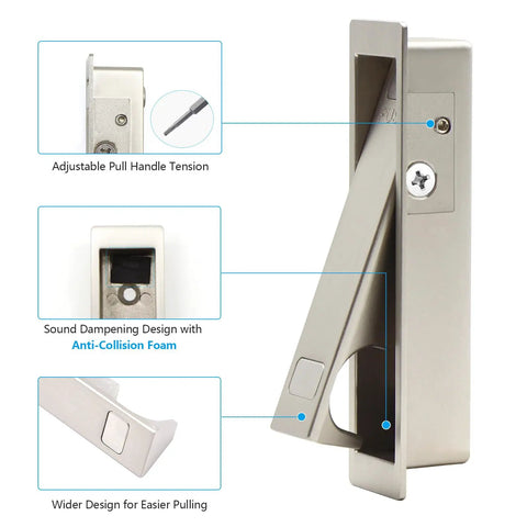 2 Pack Pocket Door Pull Handle Set With Flush Mount Finger Edge Push To Open Recessed Pulls For Pocket Sliding Doors And Cabinets Brushed Nickel Finish Easy Install Sleek Modern Hardware, brushed nickel recessed pull close-up