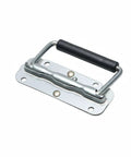 Heavy Duty Two Pack Spring Loaded Folding Handles Drop Straight Into Any Toolbox Or Trunk 4 Inch Stainless Steel Chest Pulls Rocking A Comfy Rubber Grip Kit close-up view of handle with black rubber grip.