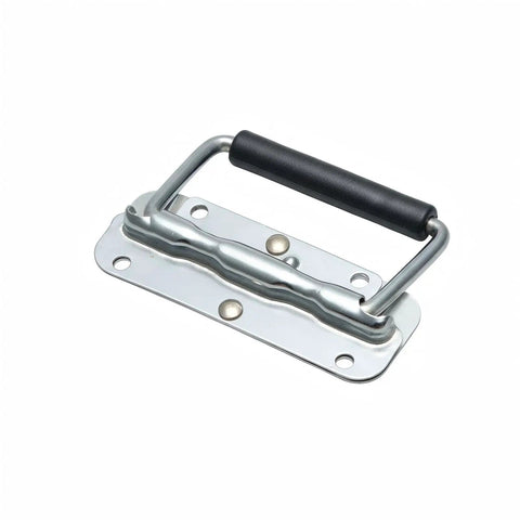 Heavy Duty Two Pack Spring Loaded Folding Handles Drop Straight Into Any Toolbox Or Trunk 4 Inch Stainless Steel Chest Pulls Rocking A Comfy Rubber Grip Kit close-up view of handle with black rubber grip.