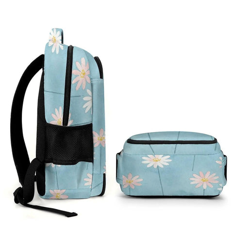 Side view of Pastel Daisy Light Blue Watercolor Printed Backpack For Everyday Use Unisex Large Capacity Polyester Go To Daypack
