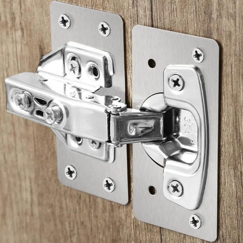 All-In-One Stainless Steel Cabinet Hinge Repair Kit With Side Panel Brackets And Mounting Screws For Furniture Door Cup Base Replacement For Quick Durable DIY Fix And Easy Install, installed on wood surface