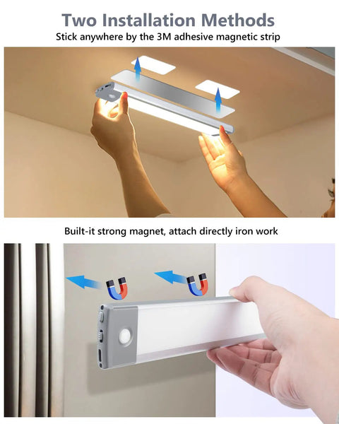 Installing 35 LED Under Cabinet Lights Wireless Motion Sensor With 3 Color Temperatures USB C Rechargeable Stepless Dimming Indoor Closet Night Light with magnetic and adhesive strips