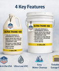 Rock Solid And Hella Durable Single Component Polyurethane Concrete Floor Sealer With UV Stain Resistant Aliphatic Urethane For Top Shelf Clear Protective Finish On Garage Slabs And Microtoppings Five Gallons 1 and 5-gallon containers showcasing product features.