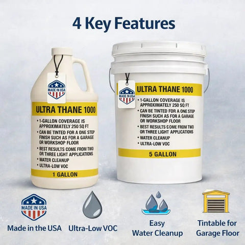 Rock Solid And Hella Durable Single Component Polyurethane Concrete Floor Sealer With UV Stain Resistant Aliphatic Urethane For Top Shelf Clear Protective Finish On Garage Slabs And Microtoppings Five Gallons 1 and 5-gallon containers showcasing product features.