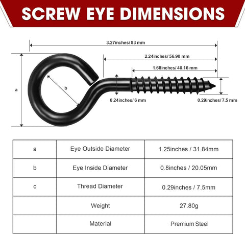 Dimensions of Heavy Duty Black Screw Eyes Set With 3.2 Inch Eye Bolts for hanging cables and wires for hammock stands.
