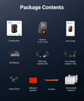 S1 Pro Front Dash Cam 2.7K Mini package contents with accessories including cables, mount, clips, and user guide.