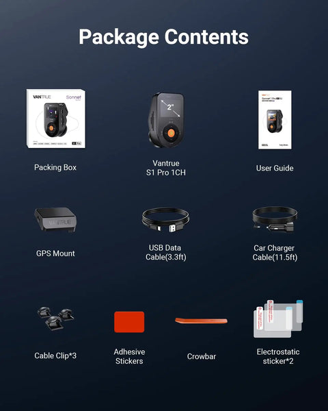 S1 Pro Front Dash Cam 2.7K Mini package contents with accessories including cables, mount, clips, and user guide.