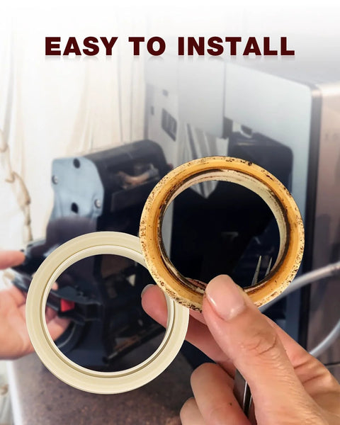 Two 54mm silicone steam ring gaskets for Breville/Sage espresso machines; white new gasket and brown stained ring.
