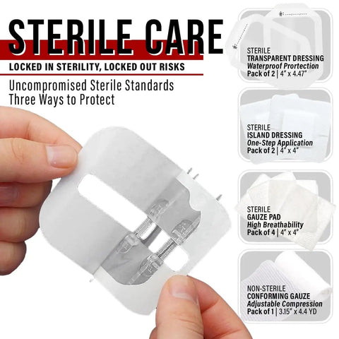 Hand holding 4 Pack Zip Stitch Wound Closure Device for quick suture free repair of cuts and lacerations, with sterile bandages shown.