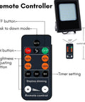 Spot Lighting Solar Floodlight Outdoor 120 Led Remote Control Solar Ga remote control with brightness settings and timer options.