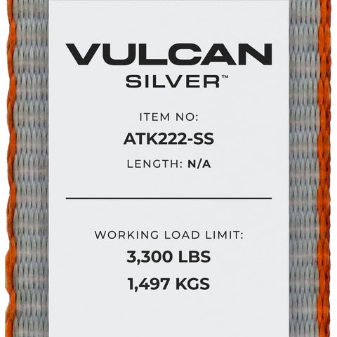 Ultimate Axle Tie Down Kit With Silver Series Webbing label showing item number ATK222-SS and working load limit 3,300 lbs, 1,497 kgs.