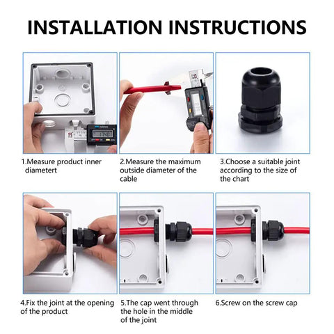 Installation instructions for 12 Pack 3/8 Inch NPT Cable Glands Nylon PA66 IP68 Waterproof Adjustable Power Strain Relief Cord Grips For Junction Boxes With Gaskets And Locknuts Black
