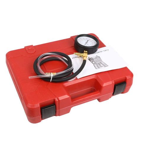 Pro Fuel Injection Pressure Tester Kit With 0 To 140 PSI Gauge And Includes 9.49, 7.89, 6.30 Fuel Line Fittings in red case