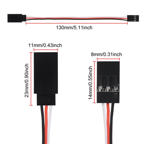 Close-up of 15 Pack 3 Pin Servo Extension Cables 15 Cm Male To Female For RC Servos And Control Boards with dimensions.