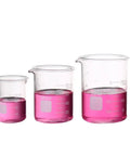 Go To Lab Beaker Set Low Form Graduated Glass Borosilicate 50ml 100ml 250ml with clear graduations, pink liquid inside, side view