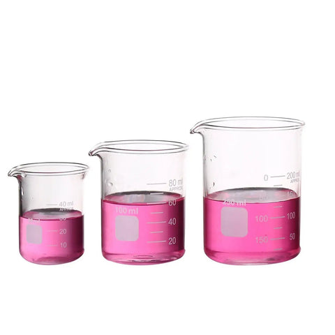 Go To Lab Beaker Set Low Form Graduated Glass Borosilicate 50ml 100ml 250ml with clear graduations, pink liquid inside, side view
