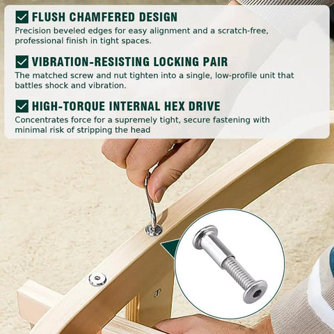 Twelve Pack Heavy Duty 1/4-20 By 3-1/2 Inch Flat Head Hex Socket Cap Screws paired with barrel nuts used for tight wood assembly.