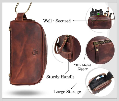 Leather Toiletry Bag For Men On The Go Grooming Travel Kit With Waterproof Lining Buffalo Leather Build Double Zipper