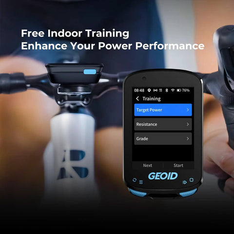 Color Screen Cycling Computer With Wireless GPS Navigation And Reroute Planning displayed during indoor training with handlebars close-up